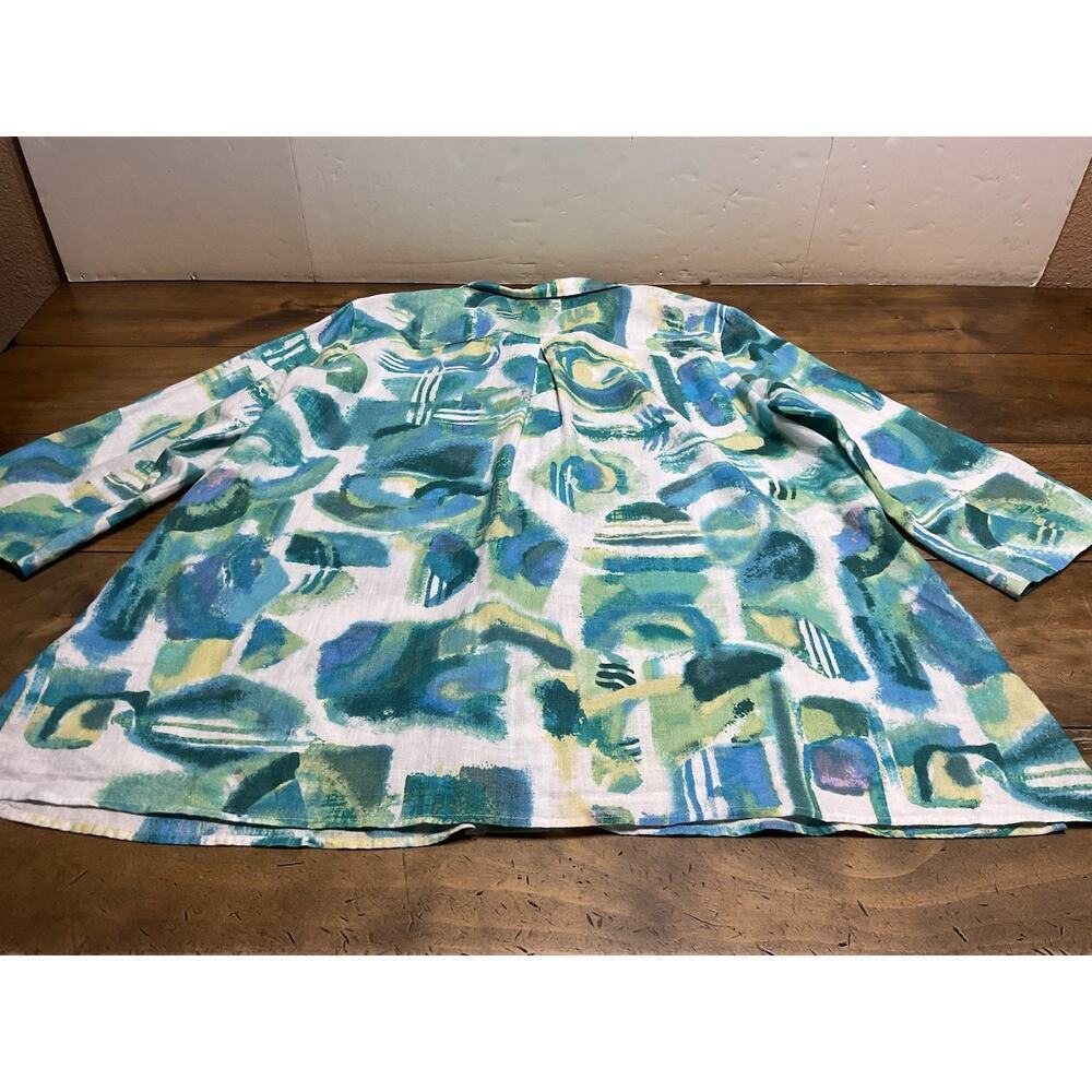 Ali Miles Button Front Tunic Top Linen Blend Blue Green Watercolor Abstract Sz L - Picture 10 of 10